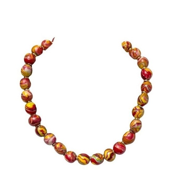 Marbled Bead Necklace Red Yellow Swirl Statement Choker - Picture 2 of 8